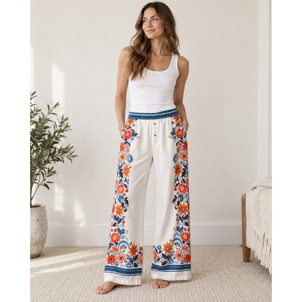 Anthropologie Real Fun Wow Floral Wide Leg Pants White Orange Blue Large
